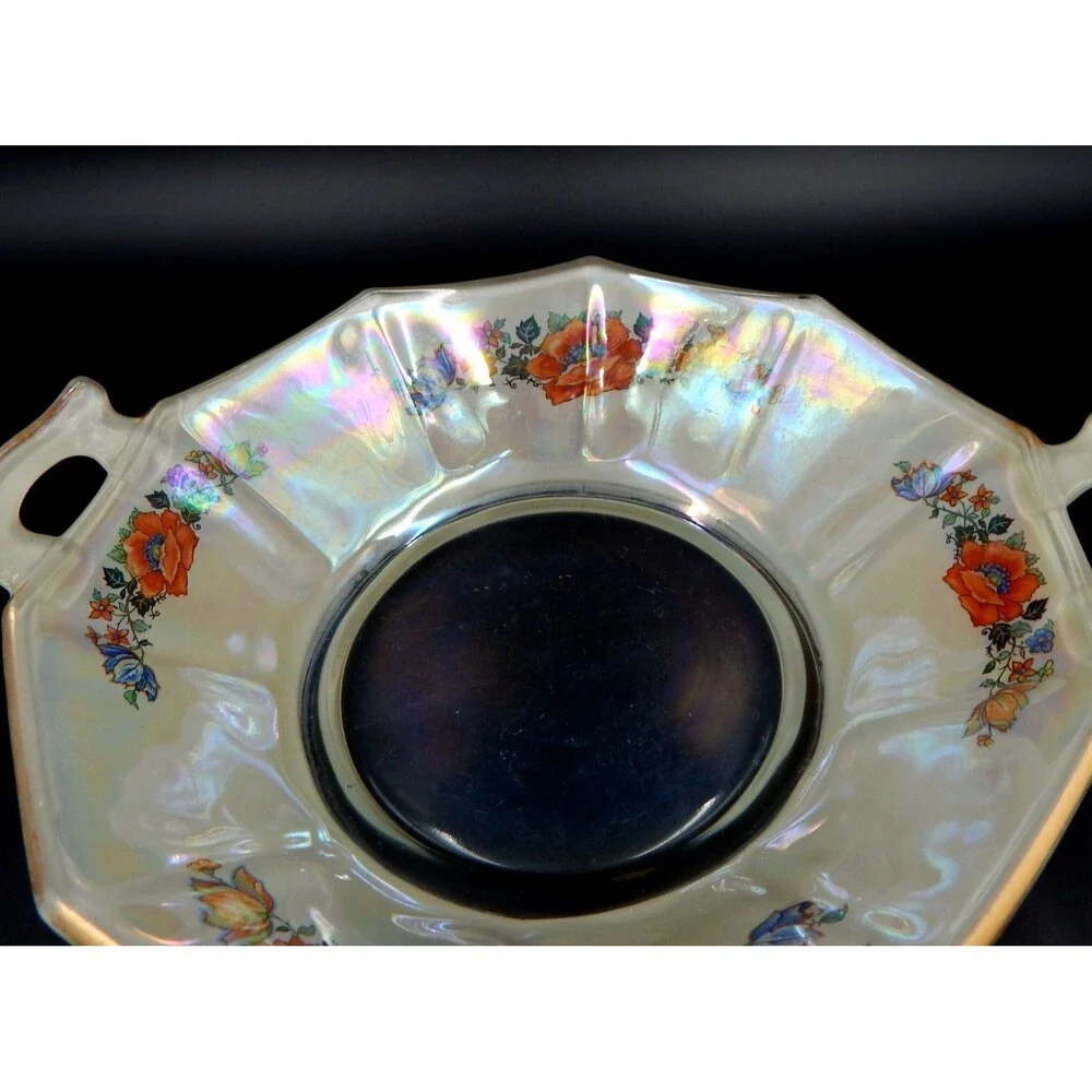 Glass Handled Serving Bowl Dish Floral Transfer Depression Glass 9 In Iridescent